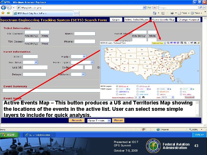 Active Events Map – This button produces a US and Territories Map showing the