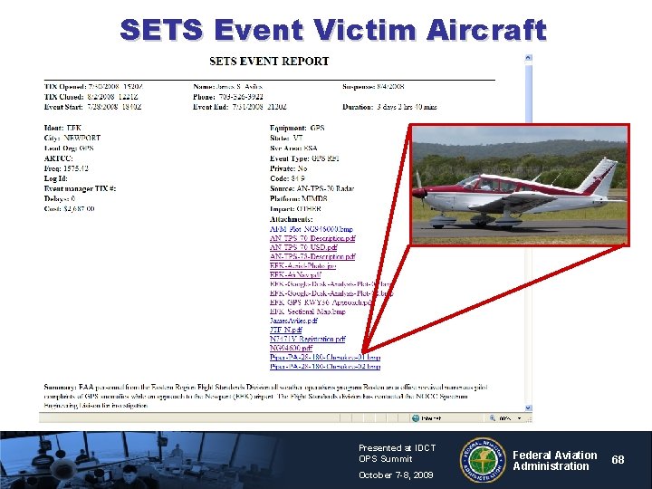 SETS Event Victim Aircraft Presented at IDCT OPS Summit October 7 -8, 2009 Federal