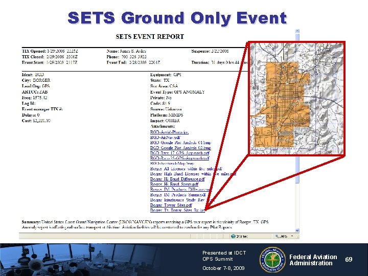 SETS Ground Only Event Presented at IDCT OPS Summit October 7 -8, 2009 Federal