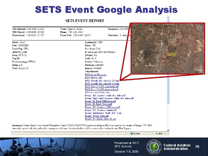 SETS Event Google Analysis Presented at IDCT OPS Summit October 7 -8, 2009 Federal