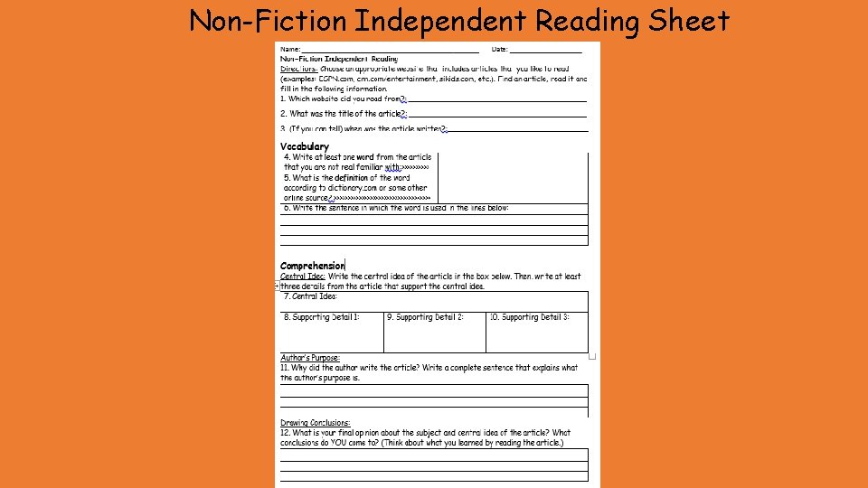 Non-Fiction Independent Reading Sheet 
