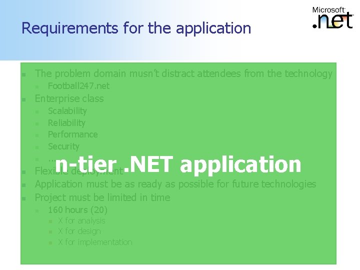 Requirements for the application n The problem domain musn’t distract attendees from the technology Requirements for the application n The problem domain musn’t distract attendees from the technology