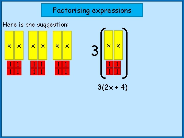 Factorising expressions Here is one suggestion: x x x 1 1 1 3 x