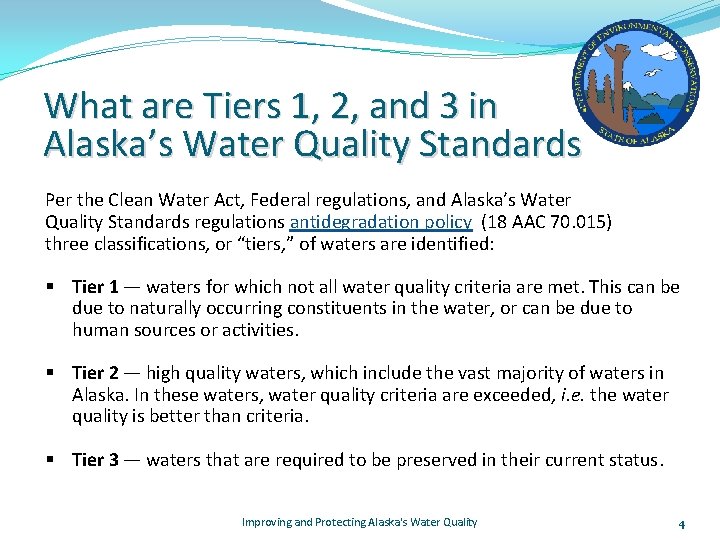 What are Tiers 1, 2, and 3 in Alaska’s Water Quality Standards Per the