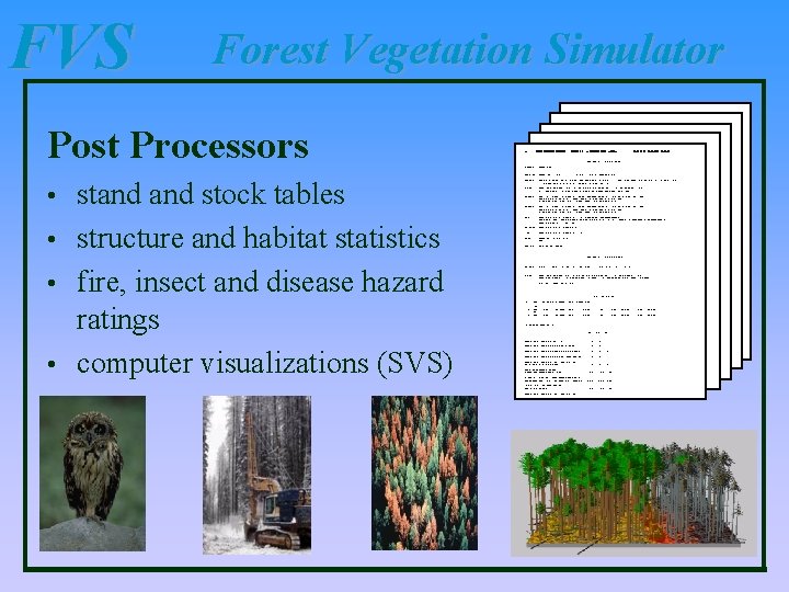 FVS Forest Vegetation Simulator Post Processors stand stock tables • structure and habitat statistics FVS Forest Vegetation Simulator Post Processors stand stock tables • structure and habitat statistics