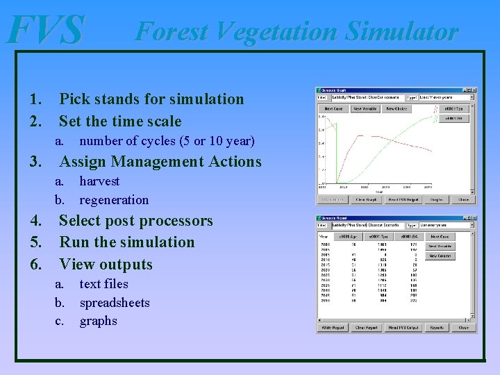 FVS Forest Vegetation Simulator 1. Pick stands for simulation 2. Set the time scale FVS Forest Vegetation Simulator 1. Pick stands for simulation 2. Set the time scale
