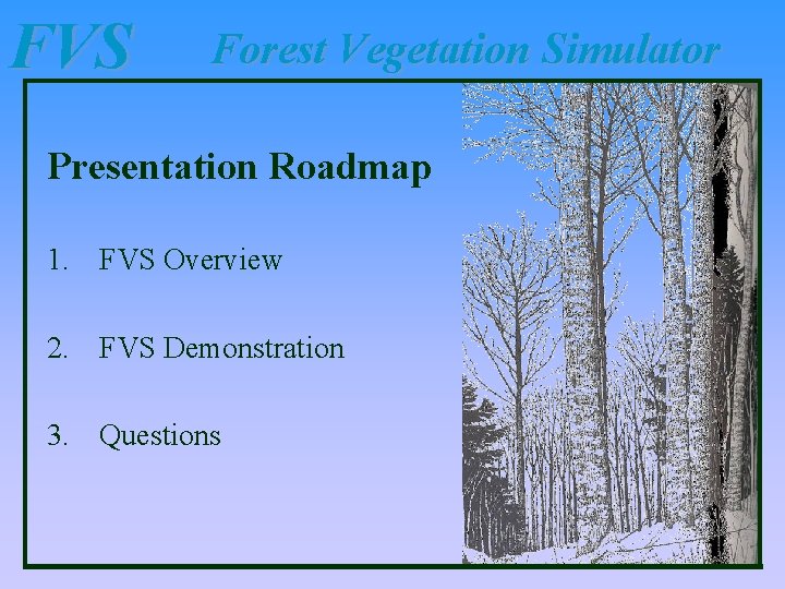 FVS Forest Vegetation Simulator Presentation Roadmap 1. FVS Overview 2. FVS Demonstration 3. Questions FVS Forest Vegetation Simulator Presentation Roadmap 1. FVS Overview 2. FVS Demonstration 3. Questions