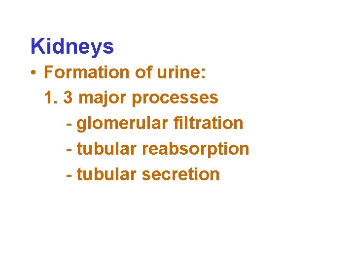 Kidneys • Formation of urine: 1. 3 major processes - glomerular filtration - tubular