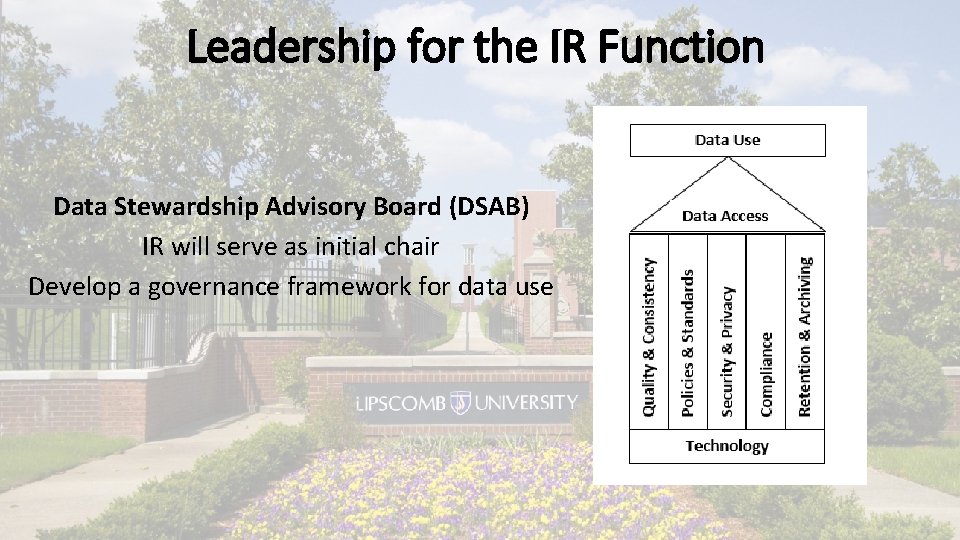 Leadership for the IR Function Data Stewardship Advisory Board (DSAB) IR will serve as