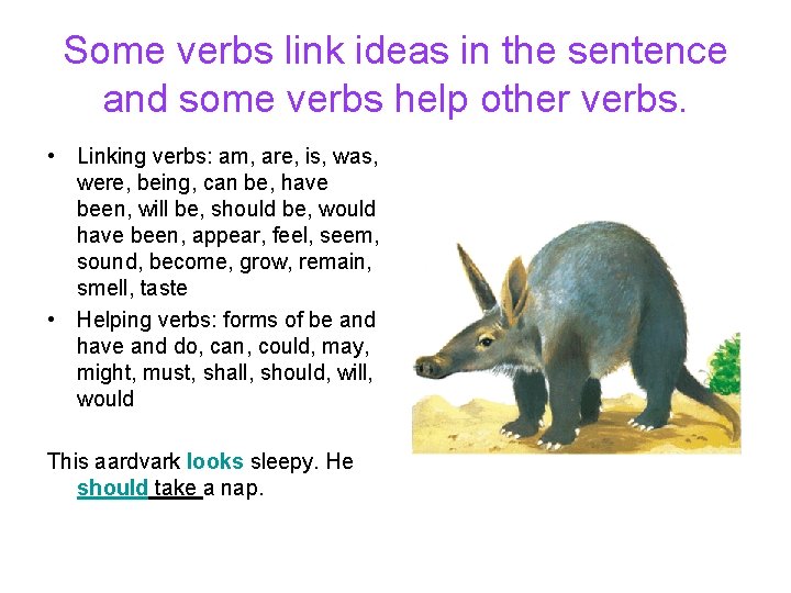Some verbs link ideas in the sentence and some verbs help other verbs. • Some verbs link ideas in the sentence and some verbs help other verbs. •