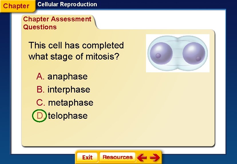 Chapter Cellular Reproduction Chapter Assessment Questions This cell has completed what stage of mitosis?