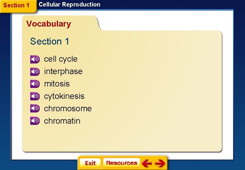 Section 1 Cellular Reproduction Vocabulary Section 1 cell cycle interphase mitosis cytokinesis chromosome chromatin