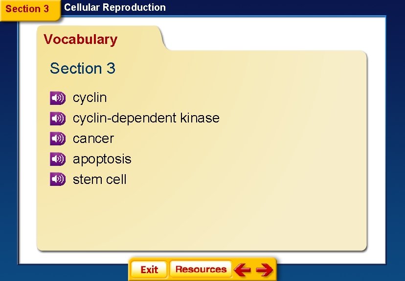 Section 3 Cellular Reproduction Vocabulary Section 3 cyclin-dependent kinase cancer apoptosis stem cell 