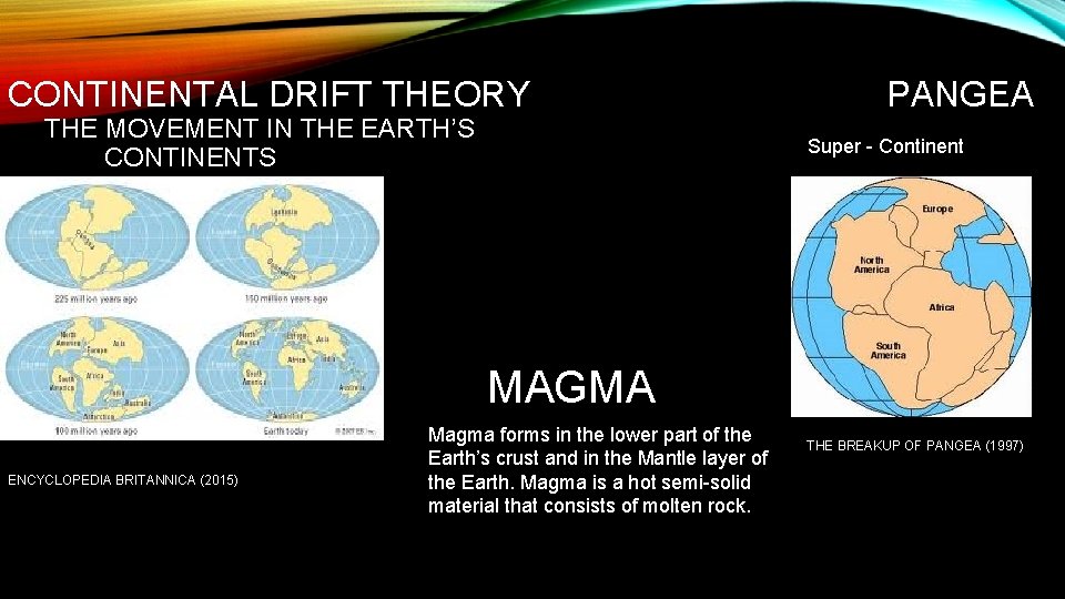CONTINENTAL DRIFT THEORY THE MOVEMENT IN THE EARTH’S CONTINENTS PANGEA Super - Continent MAGMA