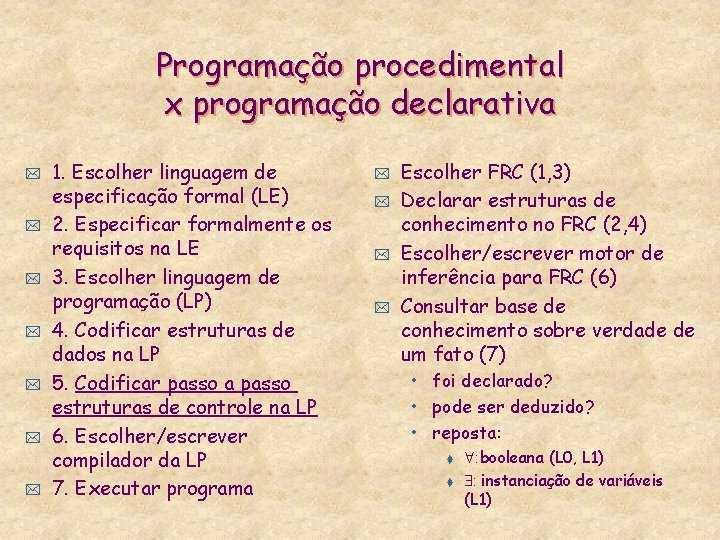 Programação procedimental x programação declarativa * * * * 1. Escolher linguagem de especificação