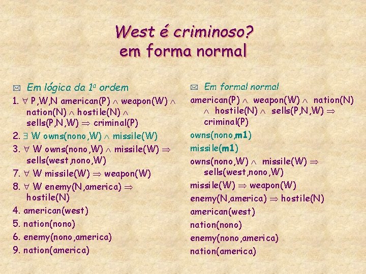 West é criminoso? em forma normal * Em lógica da 1 a ordem 1.