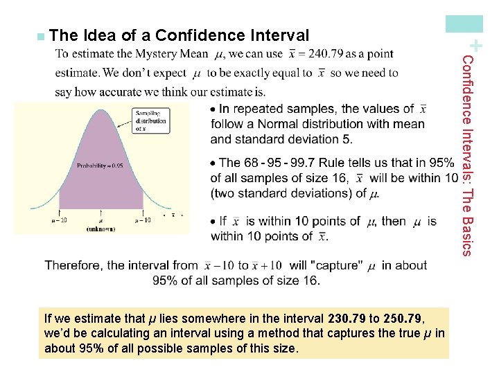 Idea of a Confidence Interval + n The Confidence Intervals: The Basics If we