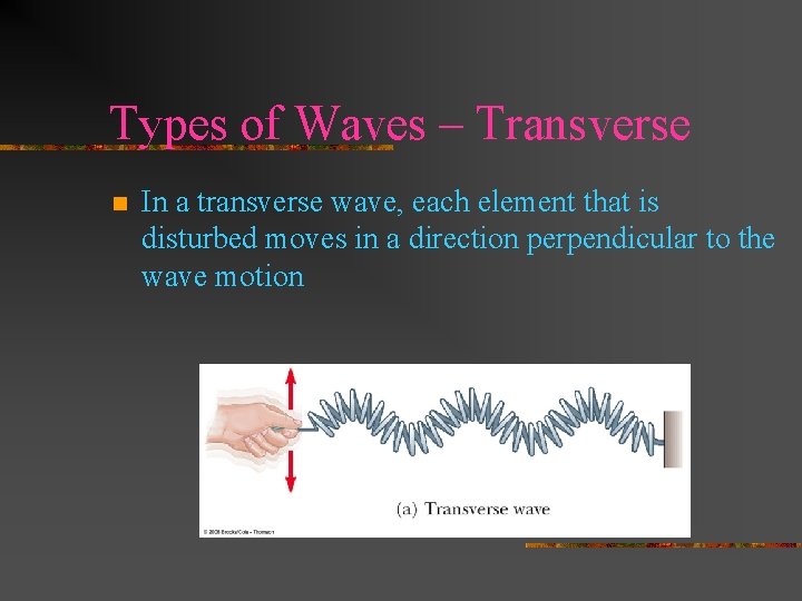 Types of Waves – Transverse n In a transverse wave, each element that is