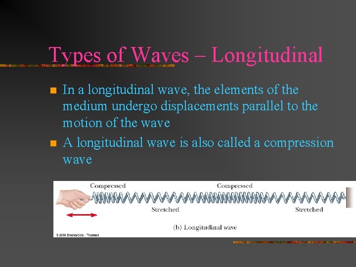 Types of Waves – Longitudinal n n In a longitudinal wave, the elements of