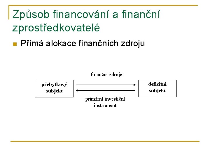 Způsob financování a finanční zprostředkovatelé n Přímá alokace finančních zdrojů finanční zdroje deficitní subjekt