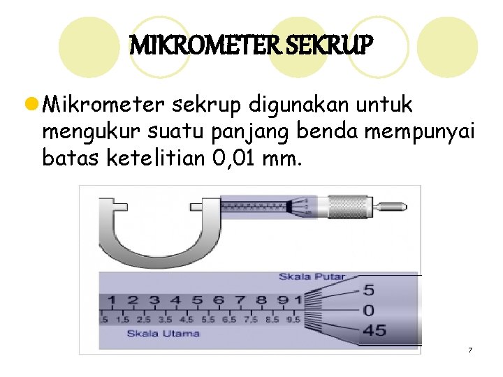 MIKROMETER SEKRUP l Mikrometer sekrup digunakan untuk mengukur suatu panjang benda mempunyai batas ketelitian