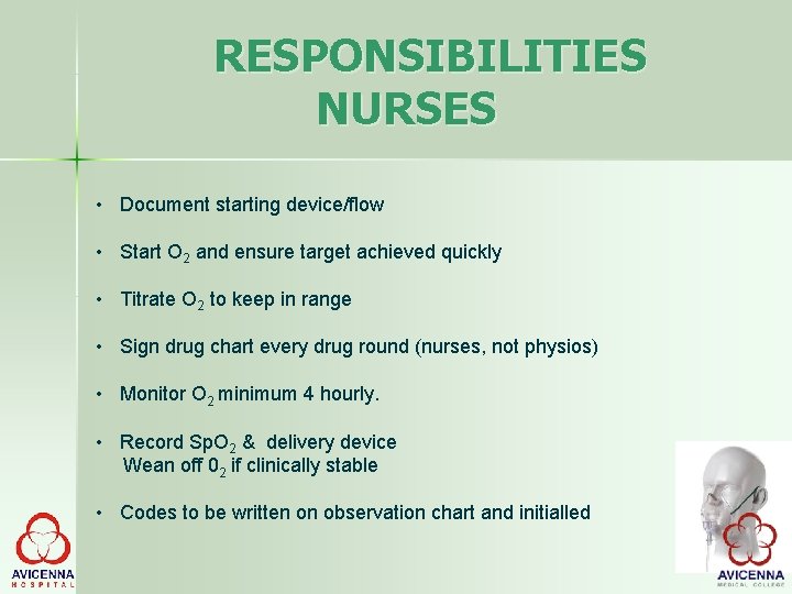 RESPONSIBILITIES NURSES • Document starting device/flow • Start O 2 and ensure target achieved
