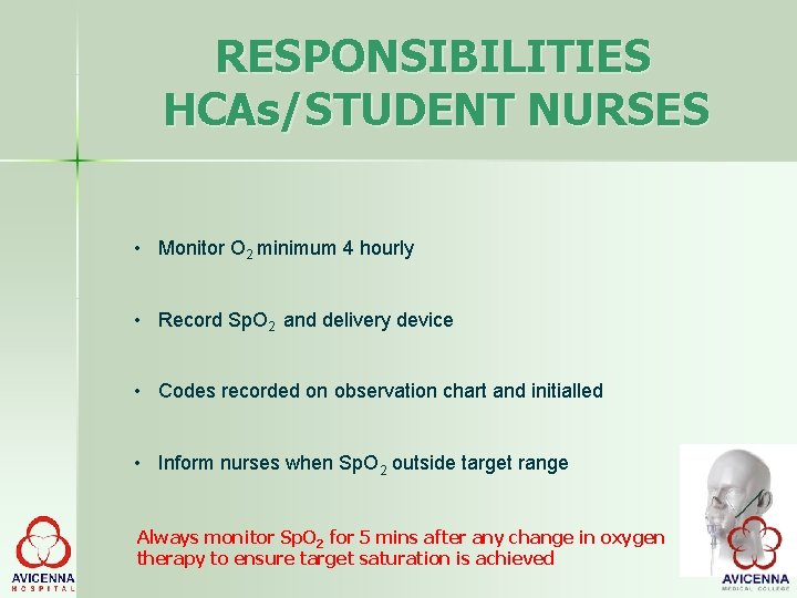 RESPONSIBILITIES HCAs/STUDENT NURSES • Monitor O 2 minimum 4 hourly • Record Sp. O