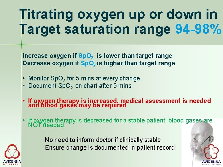 Titrating oxygen up or down in Target saturation range 94 -98% Increase oxygen if