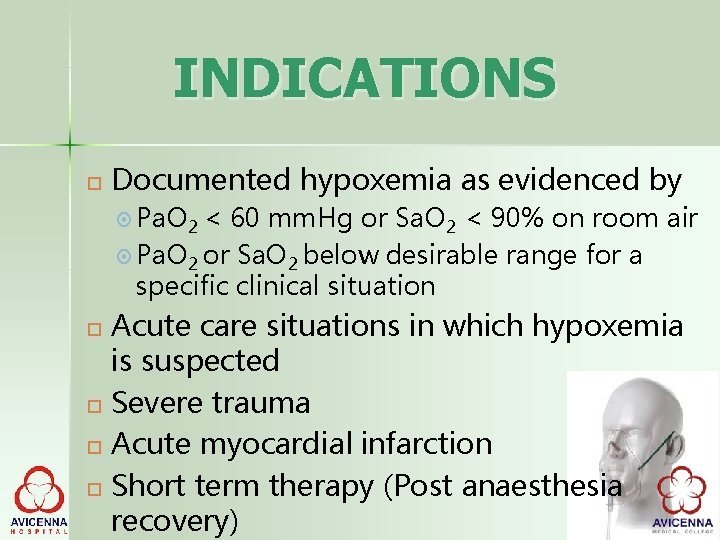 INDICATIONS Documented hypoxemia as evidenced by Pa. O 2 < 60 mm. Hg or