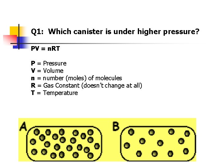 Q 1: Which canister is under higher pressure? PV = n. RT P =