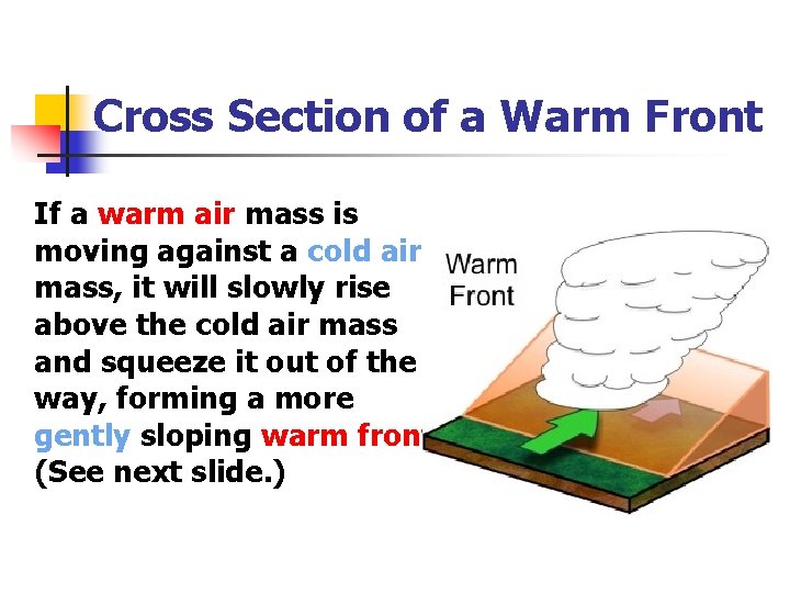 Cross Section of a Warm Front If a warm air mass is moving against