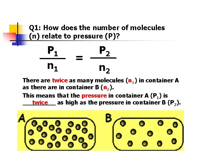 Q 1: How does the number of molecules (n) relate to pressure (P)? P