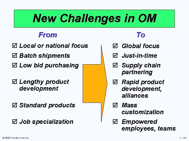 New Challenges in OM From þ Local or national focus þ Batch shipments þ