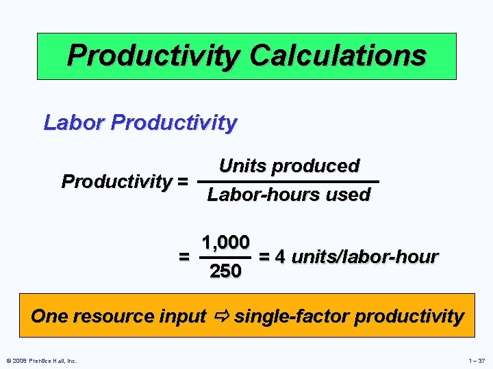 Productivity Calculations Labor Productivity Units produced Productivity = Labor-hours used 1, 000 = =