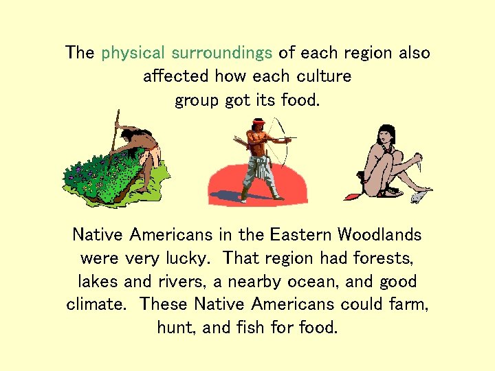 The physical surroundings of each region also affected how each culture group got its The physical surroundings of each region also affected how each culture group got its