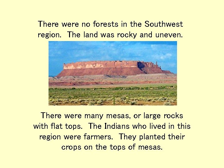 There were no forests in the Southwest region. The land was rocky and uneven. There were no forests in the Southwest region. The land was rocky and uneven.