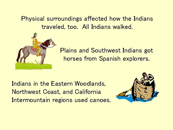 Physical surroundings affected how the Indians traveled, too. All Indians walked. Plains and Southwest Physical surroundings affected how the Indians traveled, too. All Indians walked. Plains and Southwest