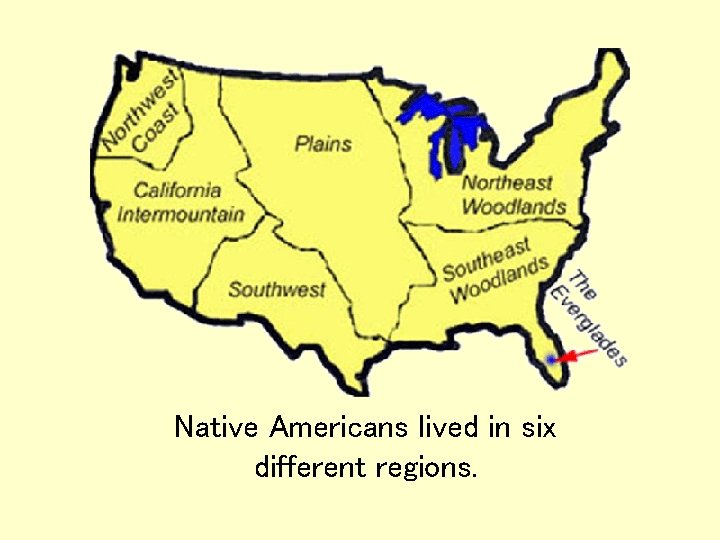 Native Americans lived in six different regions. Native Americans lived in six different regions.