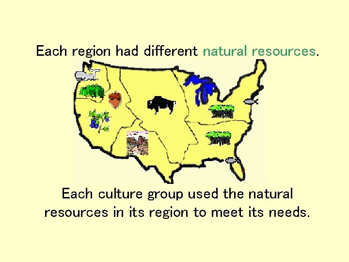 Each region had different natural resources. Each culture group used the natural resources in Each region had different natural resources. Each culture group used the natural resources in