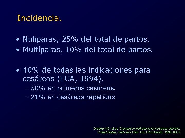 Incidencia. • Nulíparas, 25% del total de partos. • Multíparas, 10% del total de