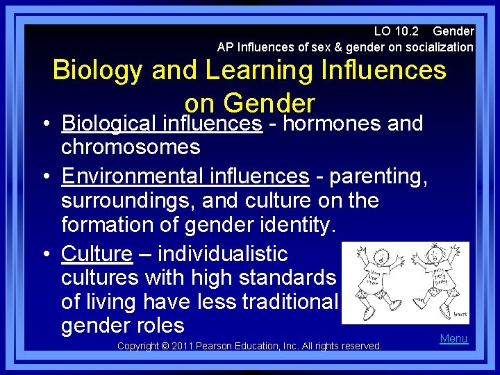 LO 10. 2 Gender AP Influences of sex & gender on socialization Biology and