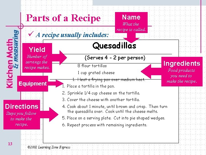 Parts of a Recipe Name What the recipe is called. ü A recipe usually