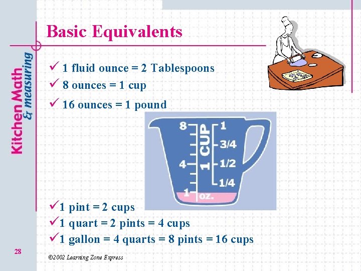 Basic Equivalents ü 1 fluid ounce = 2 Tablespoons ü 8 ounces = 1