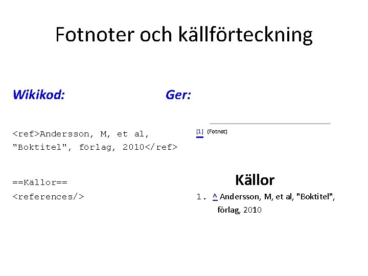 Fotnoter och källförteckning Wikikod: Ger: <ref>Andersson, M, et al, "Boktitel", förlag, 2010</ref> ==Källor== <references/>