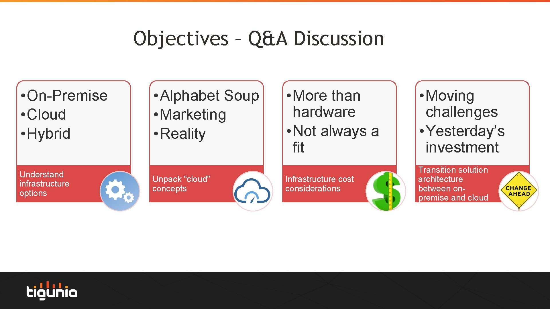 Objectives – Q&A Discussion • On-Premise • Cloud • Hybrid Understand infrastructure options •