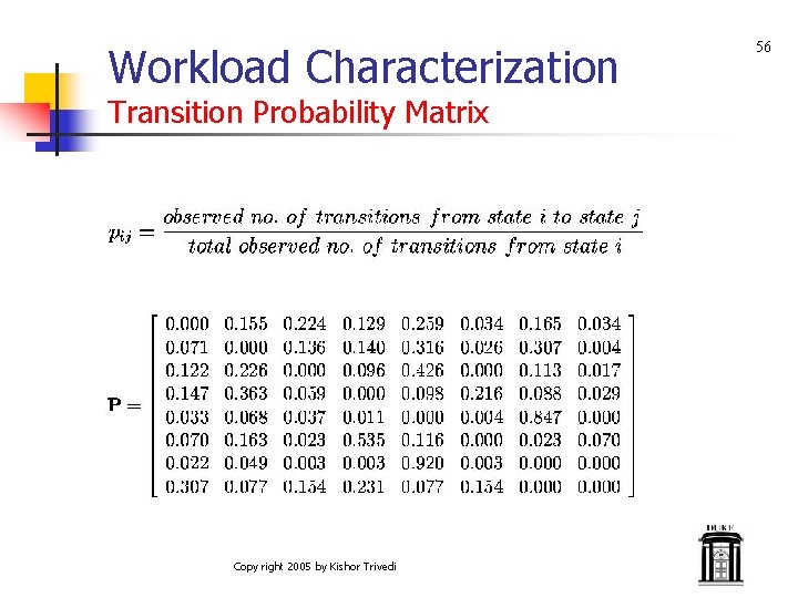 Workload Characterization Transition Probability Matrix Copy right 2005 by Kishor Trivedi 56 