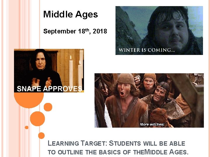 Middle Ages September 18 th, 2018 LEARNING TARGET: STUDENTS WILL BE ABLE TO OUTLINE