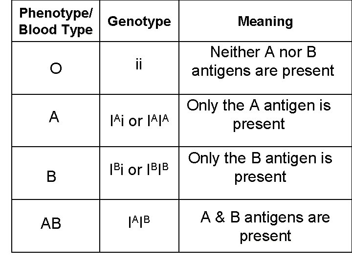 Phenotype/ Blood Type Genotype Meaning ii Neither A nor B antigens are present IAi