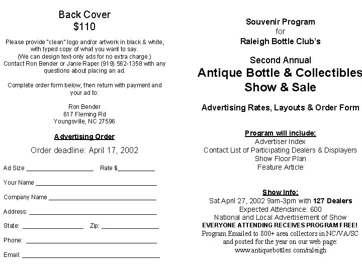 Back Cover $110 Please provide “clean” logo and/or artwork in black & white, with