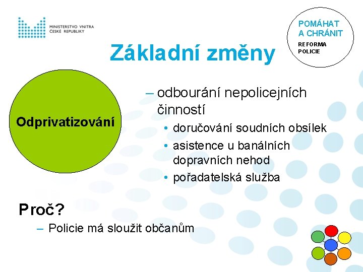 POMÁHAT A CHRÁNIT Základní změny Odprivatizování REFORMA POLICIE – odbourání nepolicejních činností • doručování